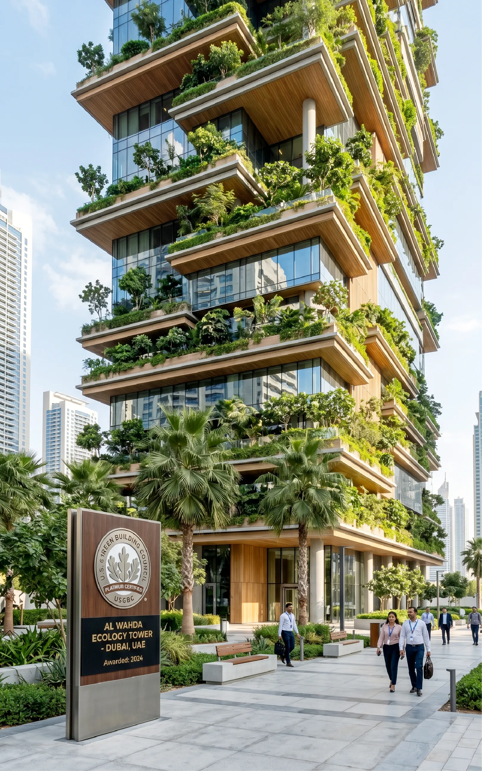 green building with planted trees