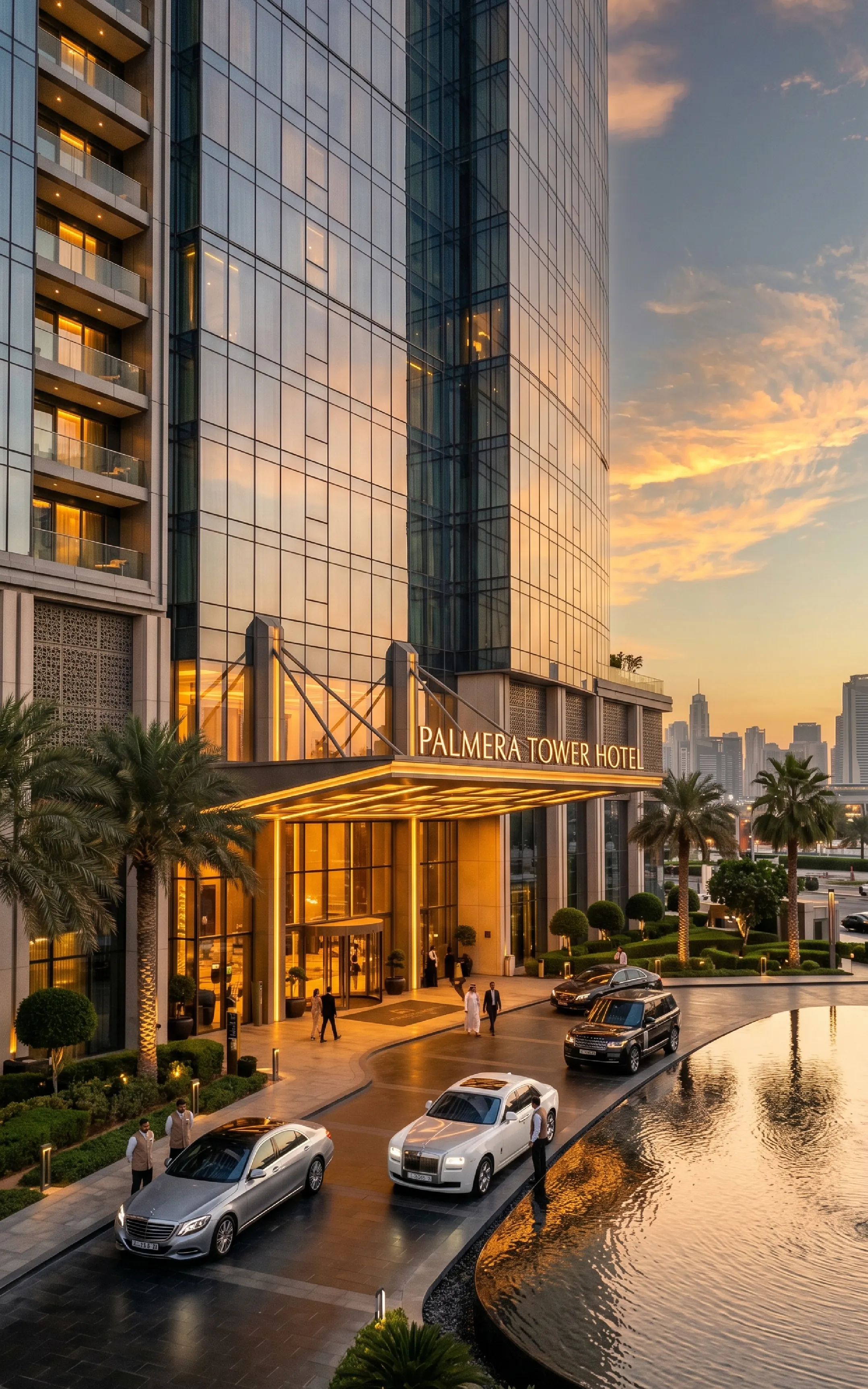 premium hotel building at golden evening